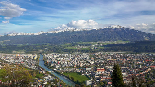 High angle shot of townscape against sky