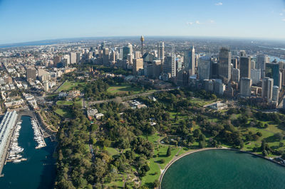 High angle view of buildings in city against sky