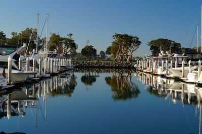 Boats moored in lake against clear blue sky