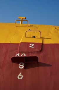 Close-up of painted submarine against clear sky