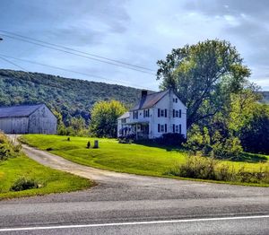 Road by trees and houses against sky