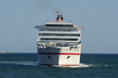 Granada city ferry captured from the bow entering the port of barcelona.