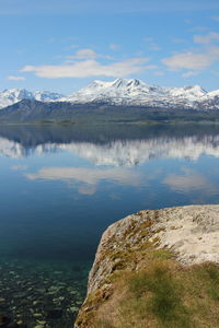 Scenic view of lake and mountains against sky during winter