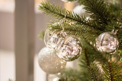 Close-up of silver baubles hanging on christmas tree