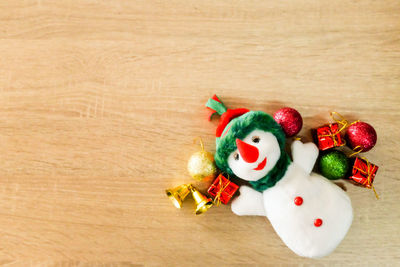 High angle view of christmas decorations on table