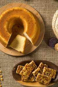 High angle view of breakfast served on table