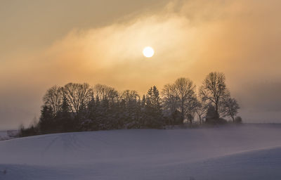 Foggy sunset on the landabyggd in winter time