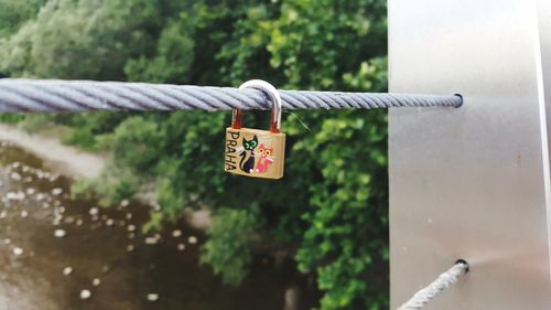 Close-up of padlocks hanging on railing