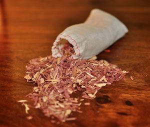 Close-up of wood chips on table