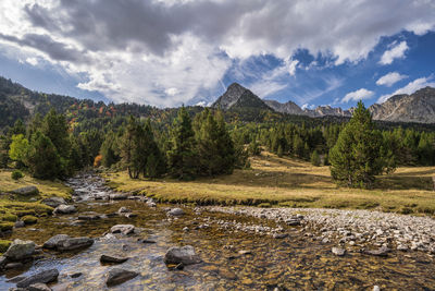 Scenic view of landscape and mountains against sky