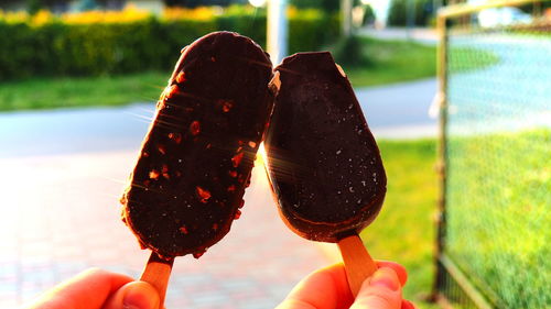 Close-up of hands holding chocolate ice creams