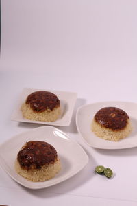 High angle view of cake in plate on table