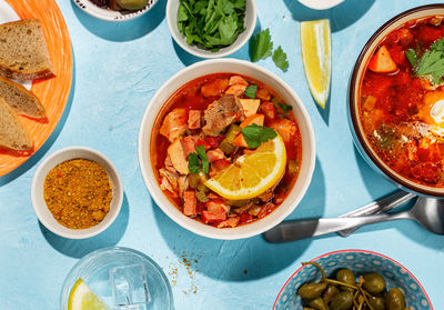 High angle view of meal served on table