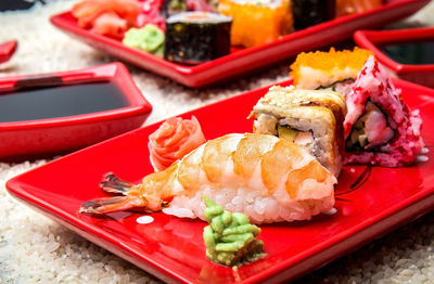 Close-up of sushi served on table