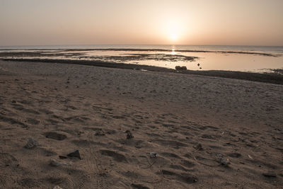 Scenic view of beach against sky during sunset