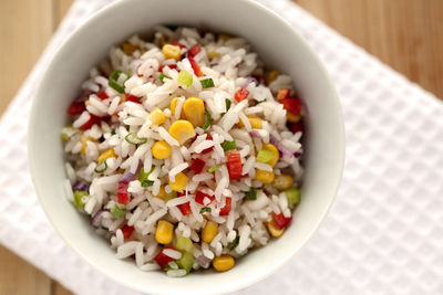 High angle view of salad in bowl on table