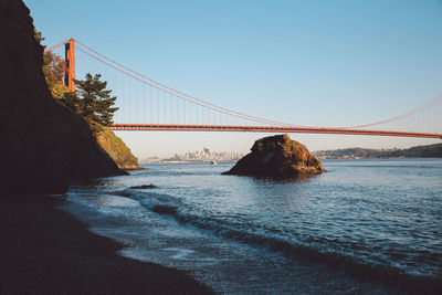 Suspension bridge over river against clear sky