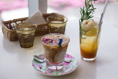 High angle view of drink in glass on table