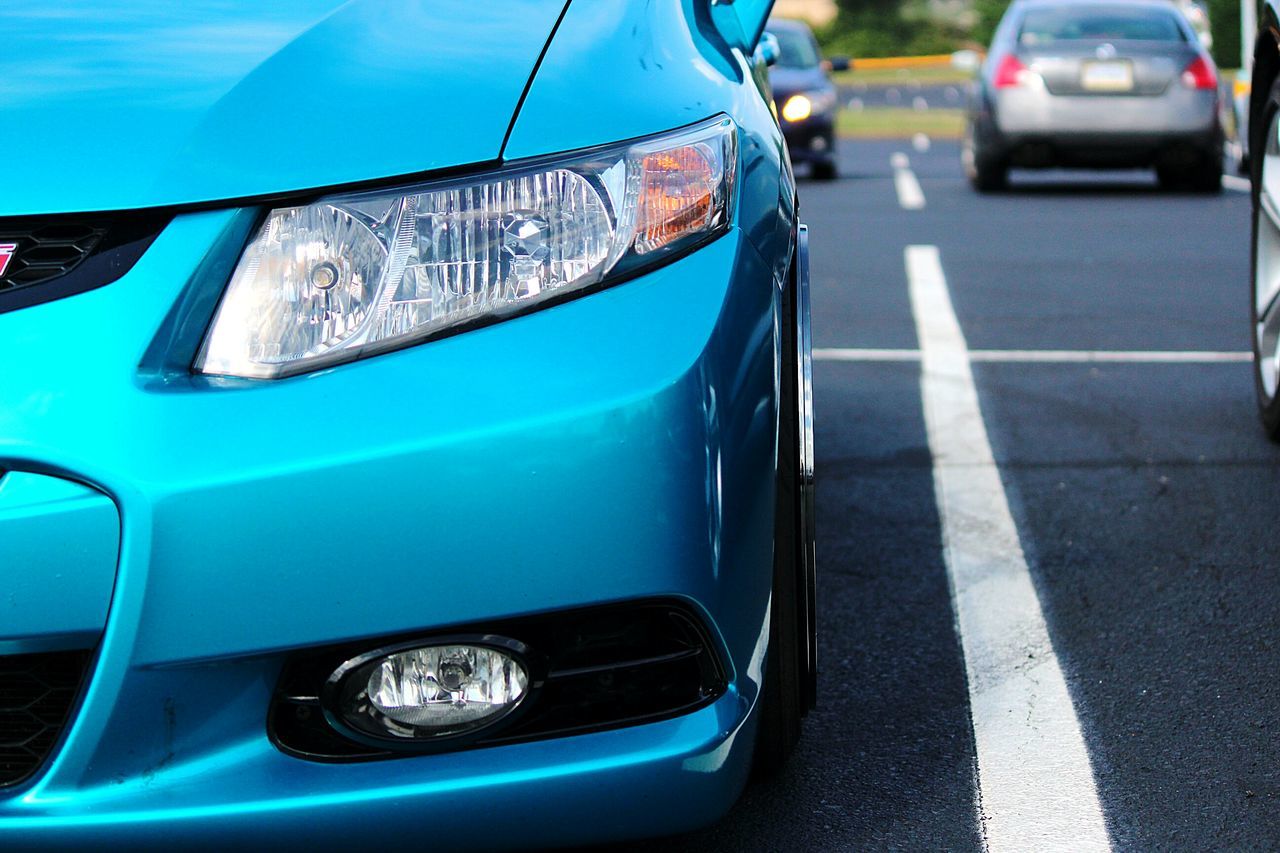 car, transportation, mode of transport, land vehicle, headlight, blue, no people, stationary, day, outdoors, close-up