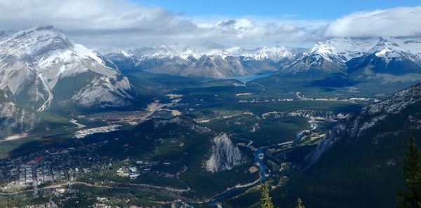 Aerial view of snowcapped mountains against sky