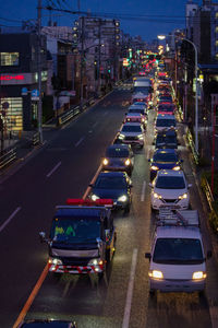 High angle view of city street at night