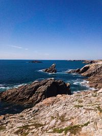 Scenic view of sea against clear blue sky