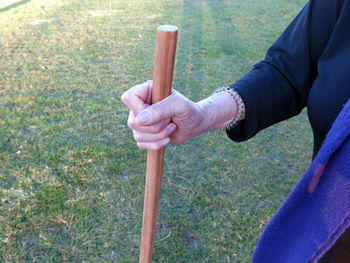 Close-up of hand holding plant on field