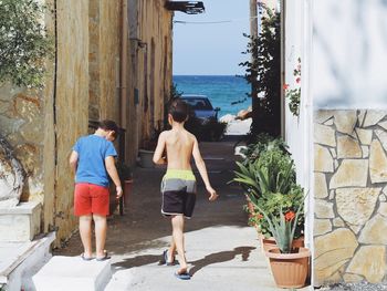 Rear view of people walking on potted plants