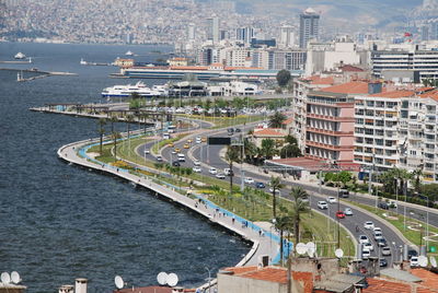 High angle view of road by buildings in city