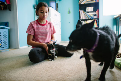 Kitten hisses at dog during introduction while girl holds kitten close