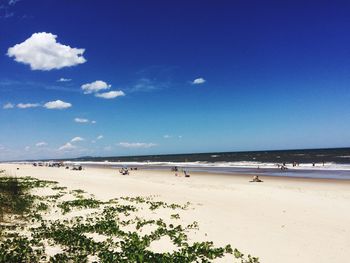 Scenic view of beach against blue sky