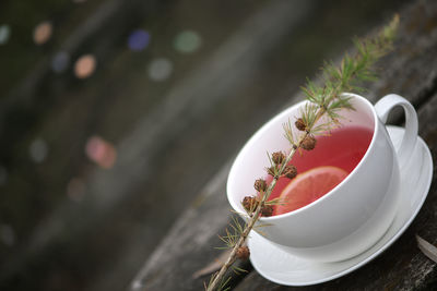 Cup of tea and red apple fruit on colorful bokeh background