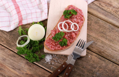 High angle view of food served on table