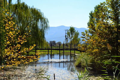 Footbridge over river by trees against sky