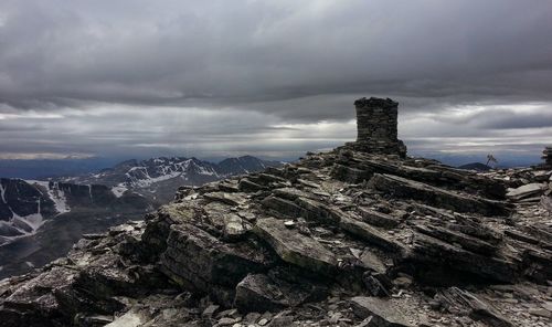 Scenic view of mountains against cloudy sky