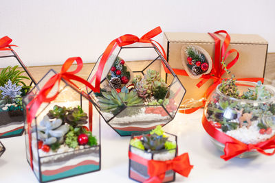 Close-up of christmas decorations on table