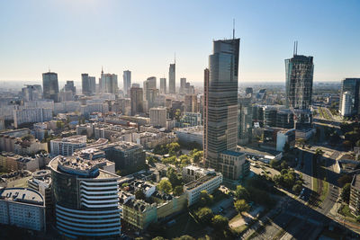 Aerial view of cityscape with skyscrapers, center of warsaw, poland