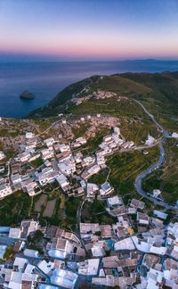 Aerial photo in sunset time in amorgos island, greece