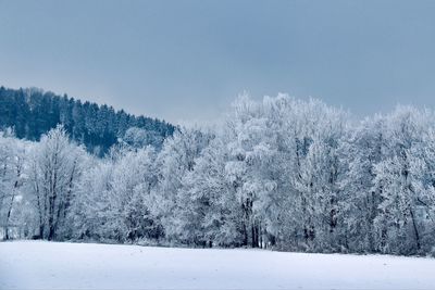 Scenic view of snow covered land against sky