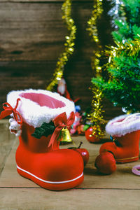 Close-up of christmas tree on table