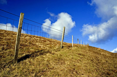 Low angle view of fence on field against blue sky