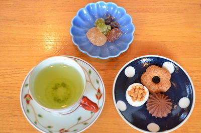 High angle view of breakfast served on table