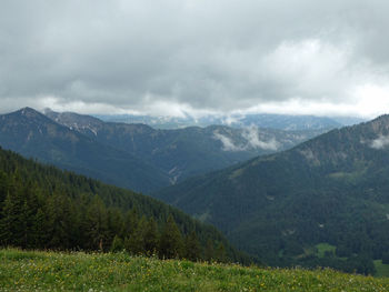 Scenic view of mountains against cloudy sky near spitzingsee