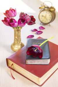 Close-up of tulips in vase on books at table