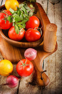 High angle view of tomatoes on table