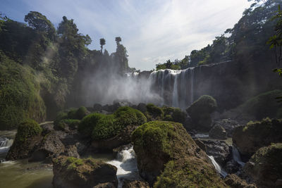 Scenic view of waterfall in forest against sky