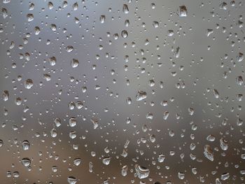 Low angle view of raindrops on glass window