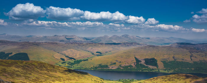 Scenic view of landscape and lake against sky