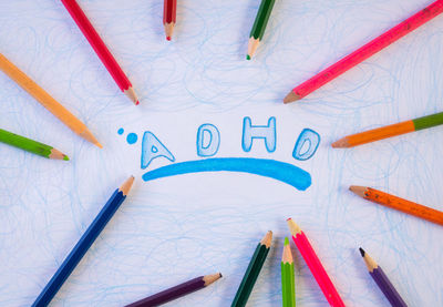 High angle view of colorful pens on white background