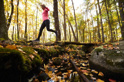 A low angle of woman trail running across a stream in the forest.